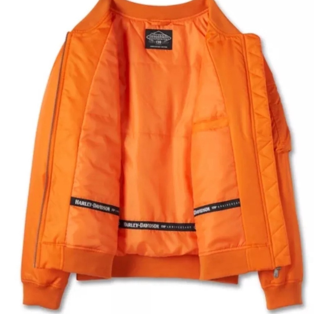 Harley-Davidson 120th Anniversary Harley Orange Bomber Jacket Womens - Picture 3 of 7